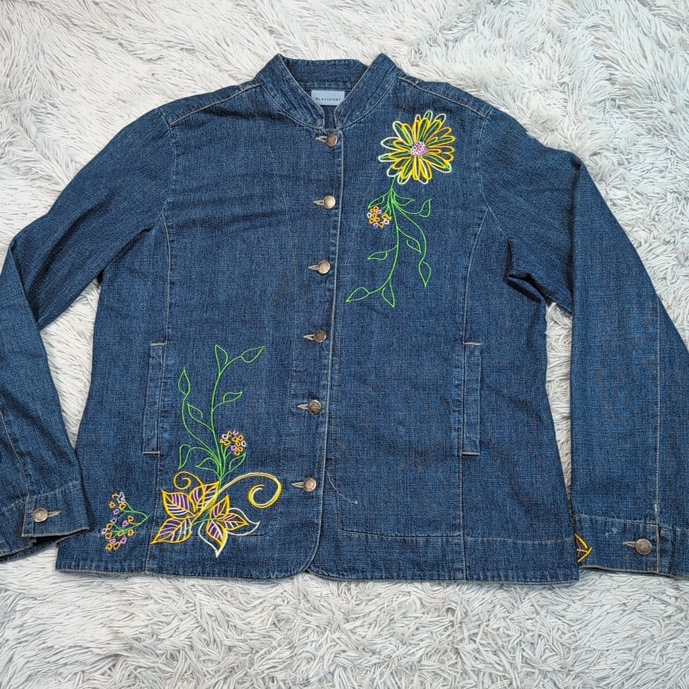 Blassport Jacket Womens L Blue Denim Button Up Embroidery‎ Coat Comfort